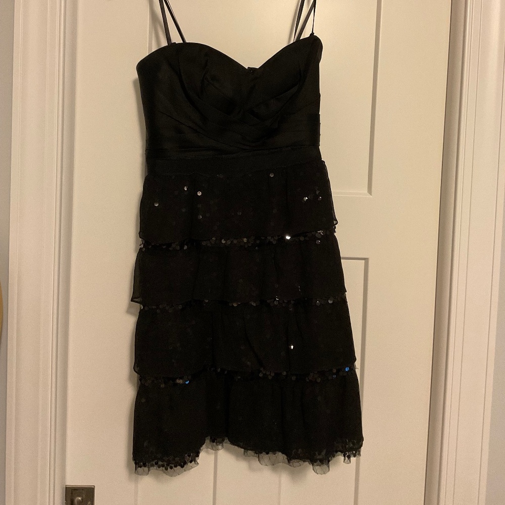BCBG Max Azaria Black strapless dress with layers of ruffles and sequins